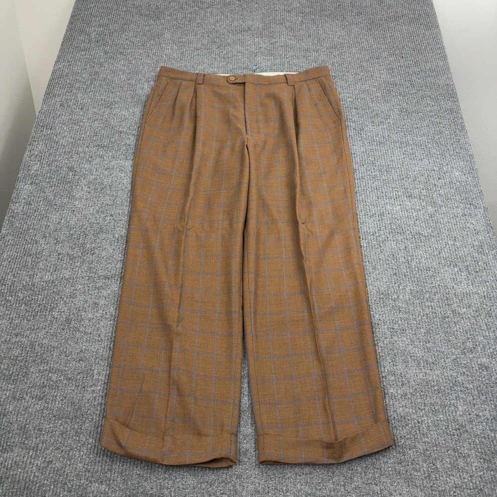 Inserch Dress Pants Mens 40 Brown Wool Super 120s Plaid Pleated Cuffed Classic
